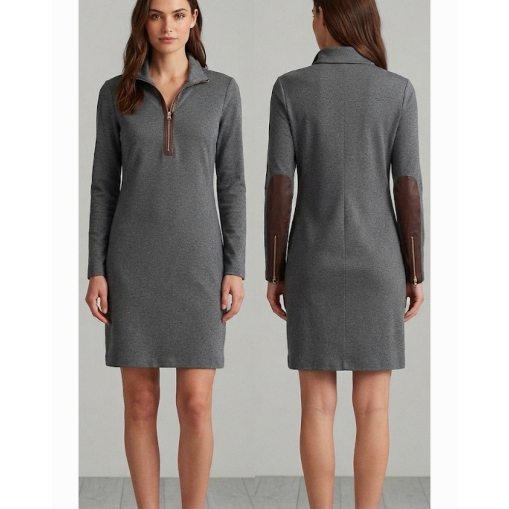 Lauren Ralph Lauren Gray Lamb Leather Elbow Patch Zip Long Sleeve Dress 10